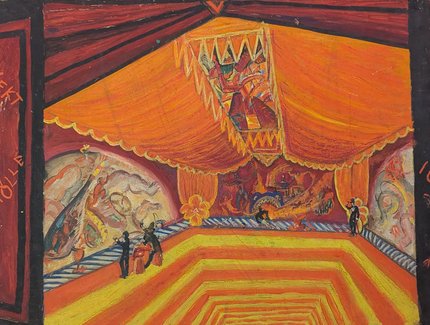 Cesar Klein, Raumentwurf „Sekthölle“ für das Künstlerfest „Maske und Palette“, 1914, Bleistift und Gouache auf Karton, Nachlass Cesar Klein