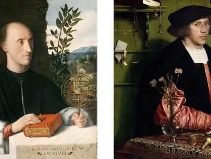 Giovanni Cariani, Bildnis eines Astronomen, Detail, um 1520 | Hans Holbein d. J., Der Kaufmann Georg Gisze, Detail, 1532