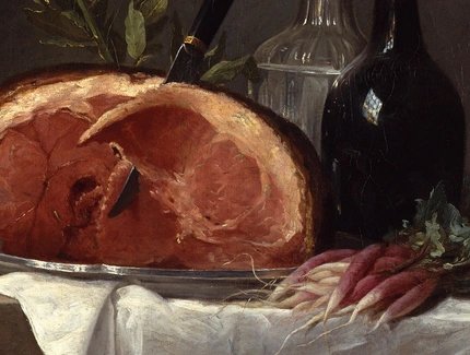 Anne Vallayer-Coster, Stillleben mit Schinken, Flaschen und Radieschen (Detail), 1767