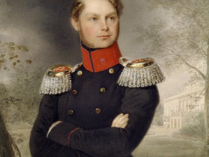 Unbekannter Künstler: Porträt des Prinzen Carl von Preußen in Uniform, im Hintergrund Schloss Glienicke