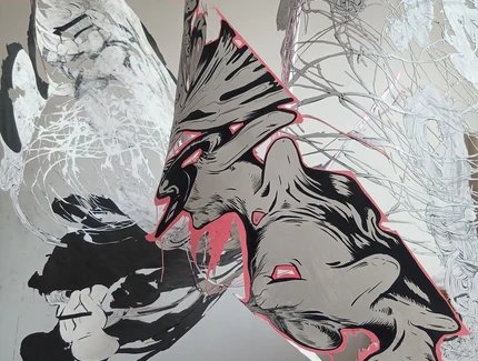 Dagmara Genda, Hyperdrawn I (Detail), 2025, Papier, Gesso, Tusche, Acrylfarbe, 152 x 184 cm (Teil 1); 152 x 226 cm (Teil 2), © Dagmara Genda, VG Bild-Kunst, Bonn.