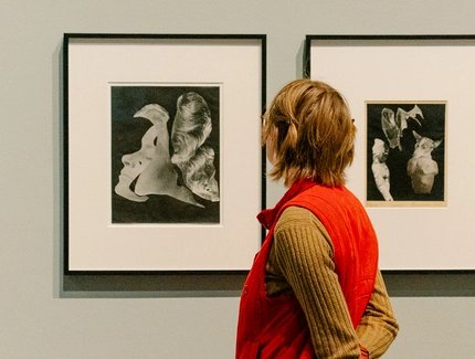 Foto: Rückenansaicht einer Person, die sich gerade zwei gerahmte Collagen von Raoul Hausmann ansieht.