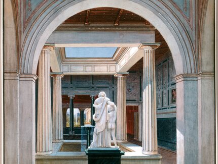 August Wilhelm Ferdinand Schirmer: Potsdam, Park Sanssouci, Blick durch das Römische Bad, 1837