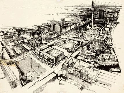 Dieter Bankert. Berlin, Stadtzentrum, Vogelschau, 1976, Tusche und Deckweiß auf Transparentpapier, 42 × 59 cm; IRS, Erkner
