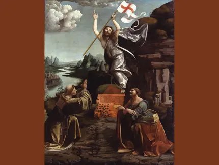 Marco d’Oggiono/Giovanni Antonio Boltraffio, Die Auferstehung Christi mit den Hll. Leonhard von Noblat und Lucia, 1491-1494