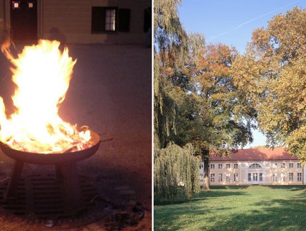 Feuerschale und Außenansicht von Schloss Paretz