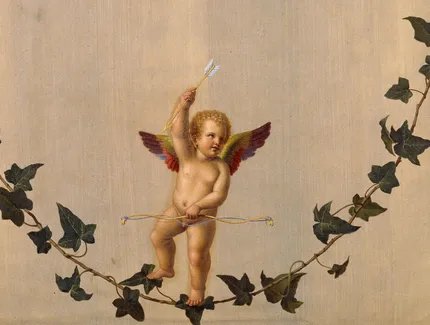 Adolf Senff: Amor auf einer zwischen Rosenbouquets hängenden Efeuranke, 1823