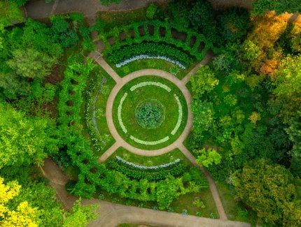 Pfaueninsel, Umgebung Schlosswiese, Runder Garten von oben