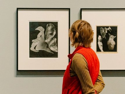 Eine besuchende Person steht vor zwei gerahmten schwarz-weiß Collagen von Raoul Hausmann.
