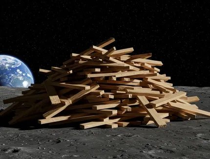 Auf der Oberfläche des Mondes liegt ein Haufen Holzbretter. Im Hintergrund die Erde.