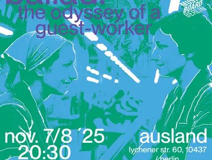 Zeichnung von 2 Frauen im Profil, die sich an den Händen halten in blau, grün und weiß, Informationen über Performancedatum. Ort und Uhrzeit in weißen Buchstaben in der unteren Hälfte des Bildes