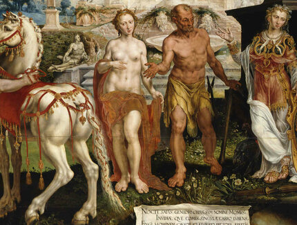 Maarten van Heemskerck, Momus tadelt die Werke der Götter, Detail, 1561, Öl auf Eichenholz