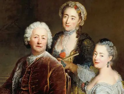 Antoine Pesne, Selbstbildnis vor der Staffelei mit den Töchtern Henriette Joyard und Marie de Rège, Öl auf Leinwand, 1754