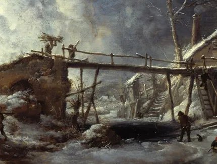 Philips Wouwerman, Winterlandschaft mit Holzsteg (Detail), um 1660