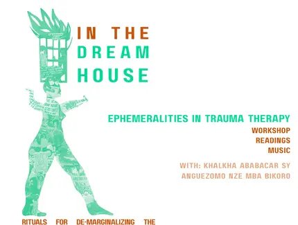 Flyer of the event with the same information as written on the website in green and pink. Additionally there is a figure in profile, her arms are raised, she is carrying a prison window on her head, there are flames coming out of the window, the whol