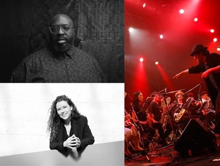 Porträt-Collage von Darius Jones, Sylvie Courvoisier und von der Otomo Yoshihide Special Big Band