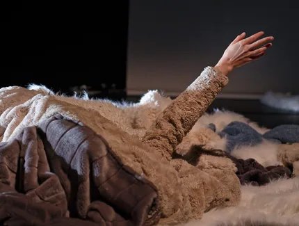 Auf dem Bild zu sehen ist ein kleiner Haufen aus verschiedenen Pelzen und einem Schaffell auf einer Bühne. Daraus ragt, offenbar auch in einen dieser Pelze gekleidet, der Arm einer Person, deren Körper wohl unter den Pelzen liegt. Die Pelze sind, bis