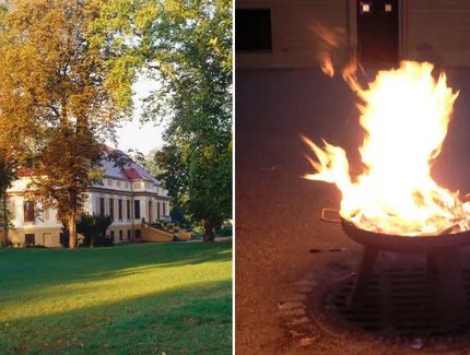 Außenansicht von Schloss Caputh und Feuerschale
