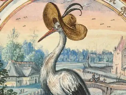 Allegorie: Storch mit Strohhut (vorläufiger Titel), Detail, Stammbuch des Michael Löchel von Nürnberg, 1587 – 1616