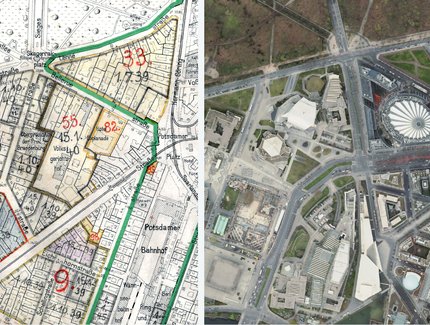Zwei Mal der gleiche Blick auf das mittlere Tiergartenviertel: Links Kartierung der Bereichserklärungen des Generalbauinspektors für die Reichshauptstadt, 1939; rechts Ortholuftbild des heutigen Tiergartenviertels, 2024