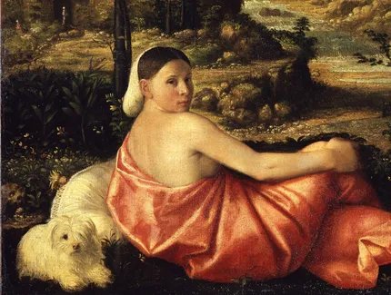 Giovanni Cariani, Bildnis einer ruhenden jungen Frau in einer Landschaft (Detail), ca. 1520/23