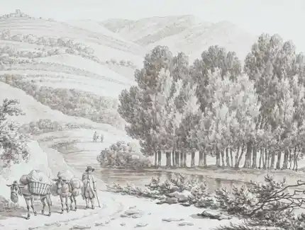 Daniël Dupré, Auf dem Weg von Tivoli nach Vicovaro, 1793, Feder und Pinsel in Braun über Vorzeichnung mit Bleistift