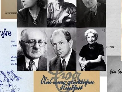 Collage aus sechs Schwarz-Weiß-Fotos von drei Männern und drei Frauen und Buchcovern