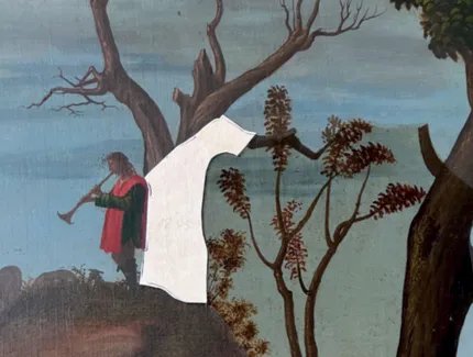 Vittore Carpaccio, Die Grabbereitung Christi, Detail aus der rechten oberen Ecke der „Grabbereitung Christi“ während der Abnahme des alten, nachgedunkelten Firnisses