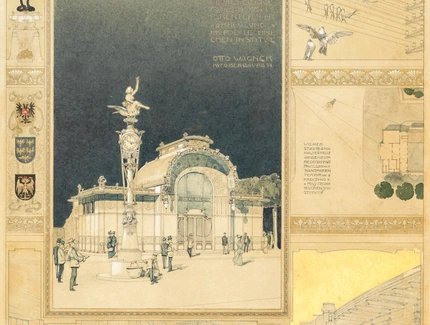 Otto Wagner, Präsentationsblatt zur Wiener Stadtbahn mit den Stationen Akademiestraße-Technik und Gumpendorfer Straße, 1898, Bleistift, Feder, Aquarell, Spritztechnik, Weißhöhungen, Goldfarbe, 64,8 × 46,2 cm