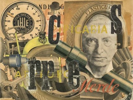 Collage von Raoul Hausmann mit verschiedenen Elementen in gelblichen Farben.