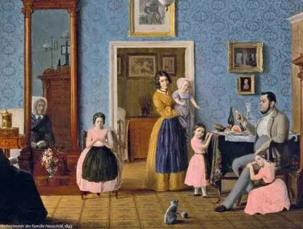 Auf dem Gemälde ist das Wohnzimmer der Familie Hauschild zu sehen, Gemälde von Eduard Gaertner, 1843