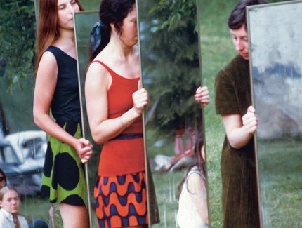 Performance view: Joan Jonas, Mirror Piece I, 1969, Bard College, Annandale-on-Hudson, New York, 1969