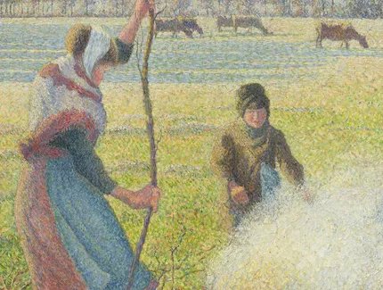 Camille Pissarro: Raureif, eine junge Bäuerin macht Feuer, 1888
