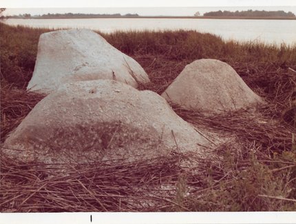 Farbfotografie von drei Betonlandschaftsskulpturen in einer Graslandschaft, dahinter ein Gewässer
