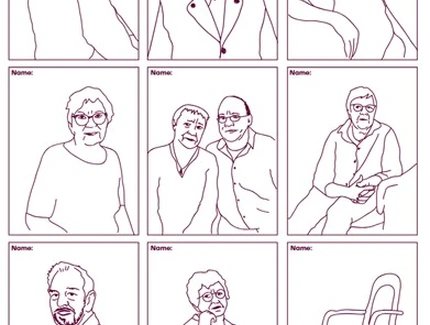 Neun schwarz-weiße Linienzeichnungen in einem Raster angeordnet. Acht zeigen jeweils eine sitzende Person in unterschiedlichen Posen und mit unterschiedlicher Kleidung, darunter Hemden, Blusen und Jacken. Die neunte Zeichnung zeigt einen leeren Stuhl