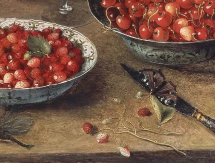 Osias Beert. Stillleben mit Kirschen und Erdbeeren in Porzellanschüsseln (Detail), 1608