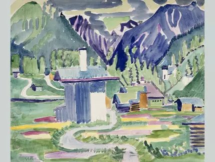 Ernst Ludwig Kirchner: Häuser in Islen, mit Blick auf die Kirche in Frauenkirch, 1926