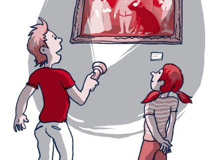 Illustration: Taschenlampenführung durch das Schlossmuseum Oranienburg: Ein Junge und ein Mädchen stehen vor einem Gemälde und leuchten es mit einer Taschenlampe an