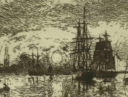 Johan Barthold Jongkind, Abendsonne – Hafen von Avers, Detail, 1868, Radierung