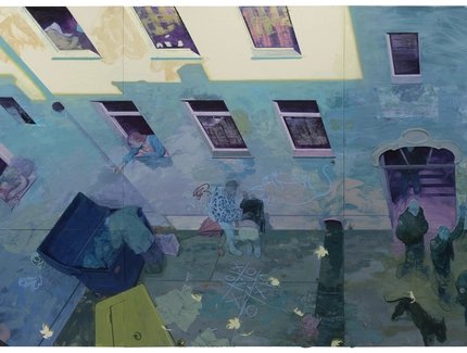 Herbstabend, 2024 Öl und Collage (Mylar) auf Linoleum /  oil and collage (Mylar) on linoleum 277 x 540 cm