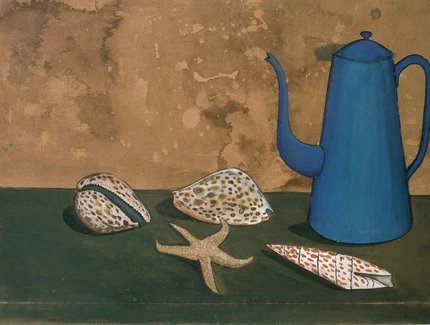 Ernst Schroeder, Schneckengehäuse, Seestern und Kanne, um 1955, Beize, Tusche und Wasserfarben auf braunem Karton, 24,3 x 36 cm