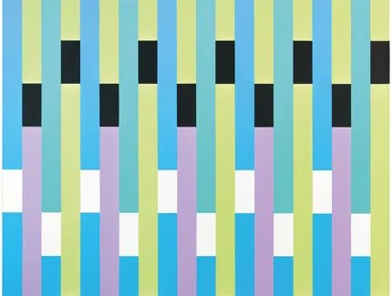 horst bartnig, 30 unterbrechungen in weiß und schwarz, streifen in 4 farben ( blau und grün, violett und gelbgrün), 2004, Acryl auf leinwand, 160 x 160 cm,