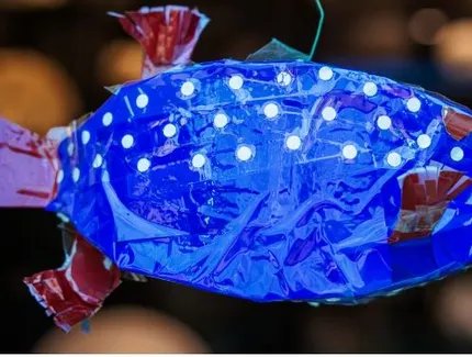 Ein blauer  selbst gestalteter Kofferfisch im Humboldt Labor