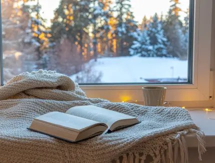 Ein aufgeschlagenes Buch am Fenster liegend vor winterlicher Kulisse