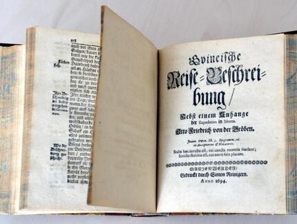 Aufgeschlagene Seite des Buchs "Orientalische Reise-Beschreibung des Brandenburgischen Adelichen Pilgers Otto von der Gröben
