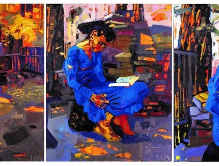 Annette Schröter, Lektüre (Triptychon), 1996, 3 x 150 x 120 cm, Öl auf Leinwand