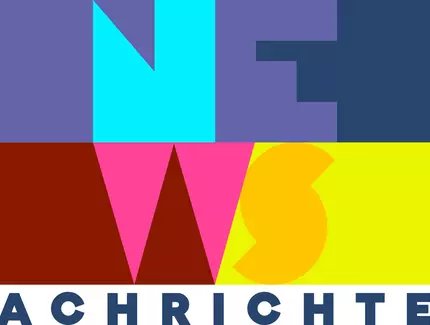 Key Visual der Ausstellung, das den Titel "NEWS" in bunte Buchstaben und darunter "NACHRICHTEN" zeigt