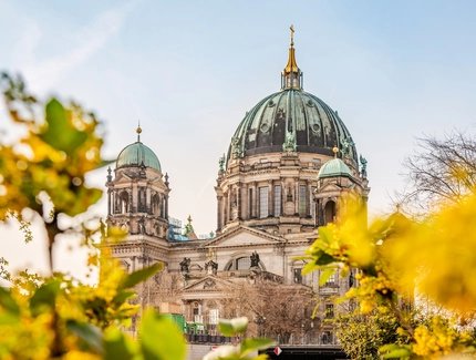 Berliner Dom in Berlin-Mitte mit Frühlingsblumen