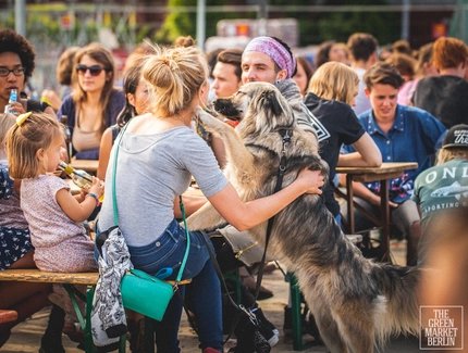 Frau mit Hund in Biergarten