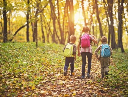 Drei Kinder mit Rucksäcken im Wald